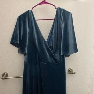 Floor length velvet blue dress